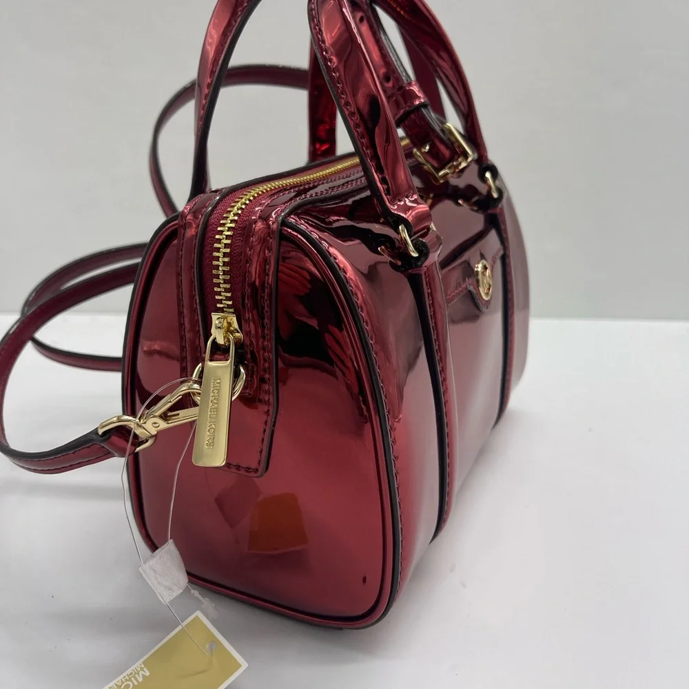 MICHAEL KORS Jet Set Sm Metallic Convertible Crossbody Duffle XBODY Cherry NWT